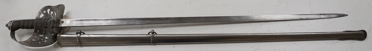 An 1895 pattern late Victorian infantry officer’s sword in its steel scabbard, made by E. Thurkle, 5 Denmark St. Soho, blade 83cm. Condition - good, however scabbard heavily cleaned